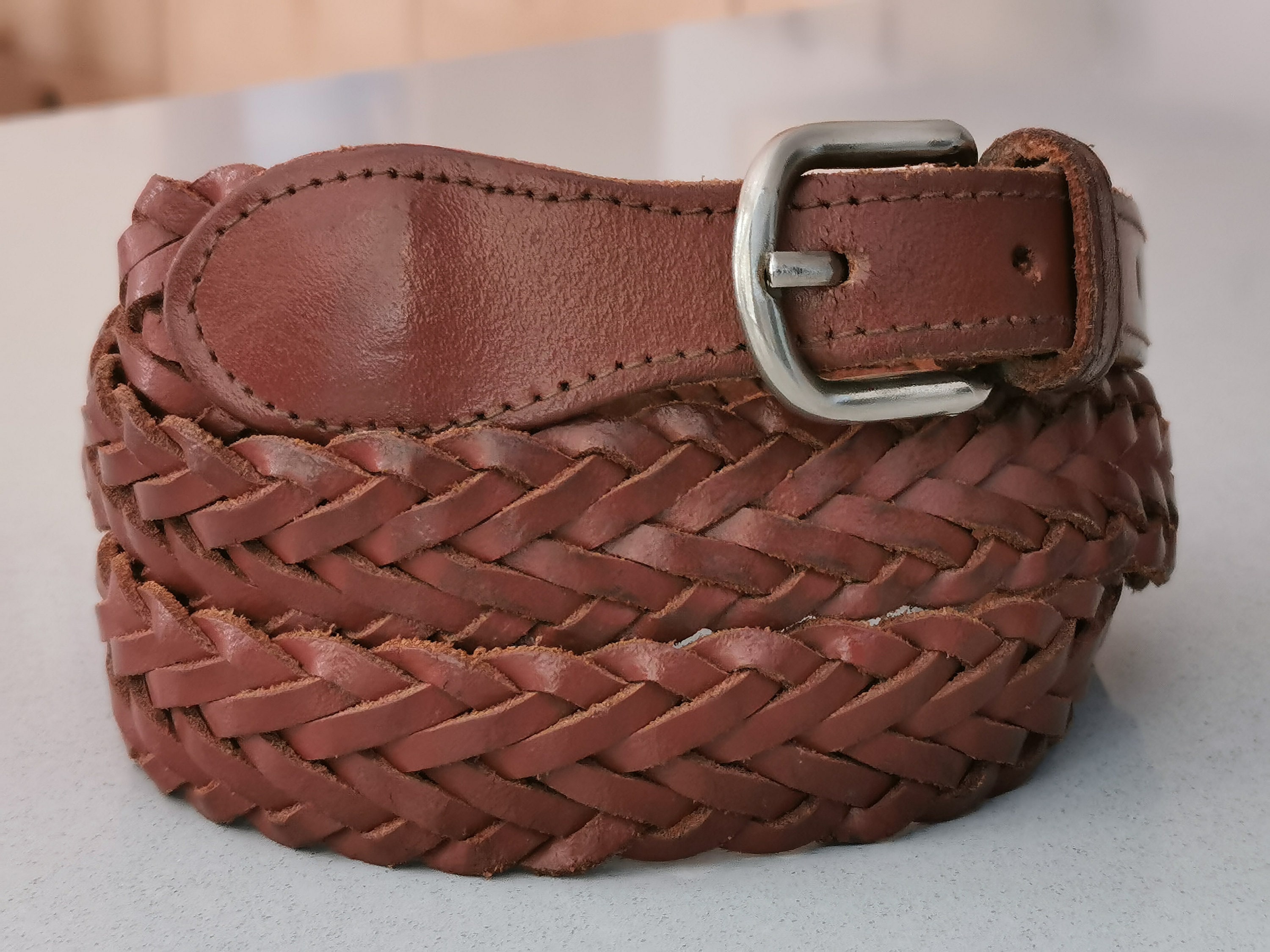 Vintage Arizona Jean Co Wide Brown Braided Woven Leather Belt with Brass Buckle Vintage 90s Brown Woven Leather Belt, Genuine Leather Belt  main image 2