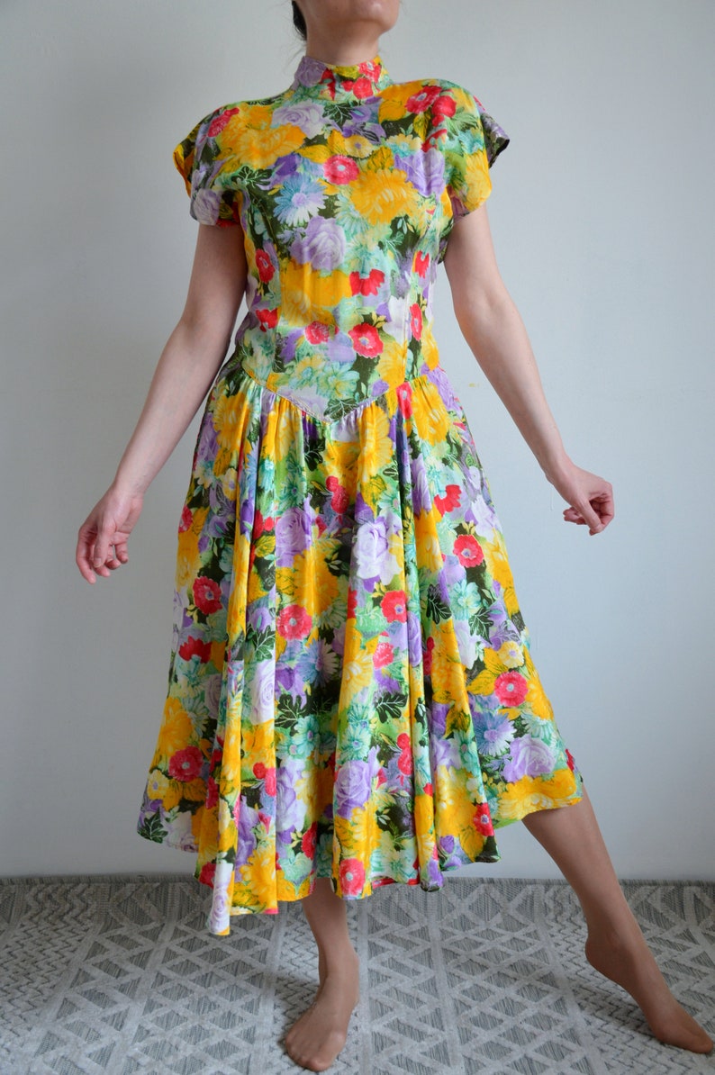 Vintage 80s Floral Full Circle Dress, Backless Colorful Print Dress, Viscose Summer Midi Dress, Basque Waist Flared Prairie Dress, size 36 image 3