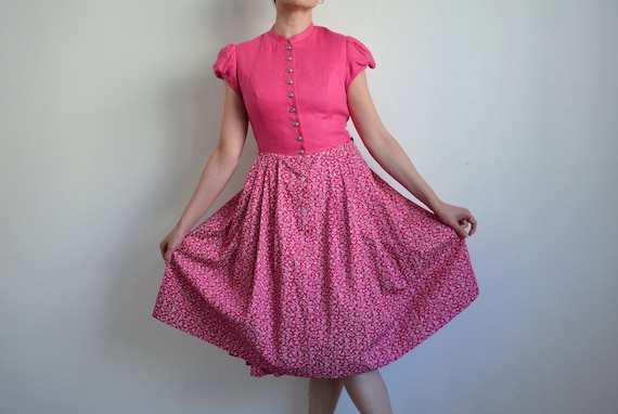Vintage Pink Linen Dirndl Dress, Floral Print Trachten Dress, Size M