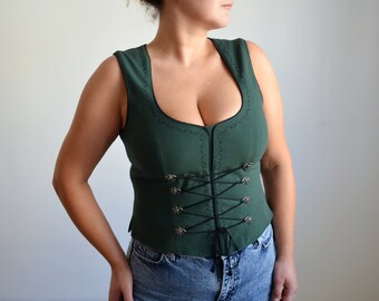 Vintage 90s Green Dirndl Corset Bodice,  Folk Waistcoat with Front Lacing & Embroidery, Oktoberfest Fitted Vest, Austrian/Tracht/Cottagecore