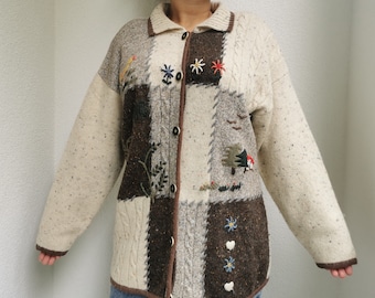 Vintage 90's Austrian Wool Cardigan, 90s Novelty Sweater, Scenic Print Cardigan, Women's Wool Blend, Sweater, Folk/Dirndl/Scenic/Cottage, XL