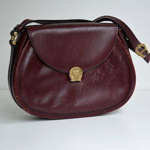 Vintage 80s Etienne Aigner Bag, Burgundy Leather Crossbody Bag, Classic Designer Handbag with Signature Gold Hardware