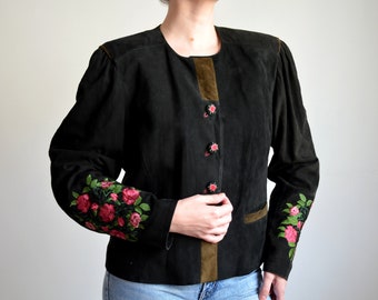 Vintage Suede Leather Embroidered Blazer, Puffy Sleeve Folk Jacket, Made in Germany
