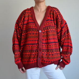 Vintage 90s Red Pattern Wool Cardigan, V-Neck Wool Knit Sweater, Button Down Grandpa Sweater, Baggy Wool Sweater, Chunky Hipster Cardigan image 6