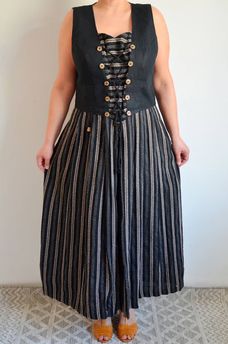 Vintage 90s Linen Austrian Dress, Folk Pinafore Dress, Black & Beige Striped, Bohemian/Festival/Trachten/Peasant/Oktoberfest Dress, size 46 image 3