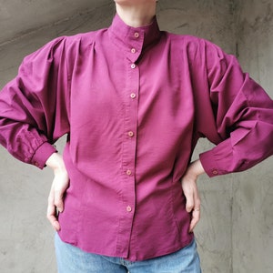 Vintage 80s Purple Blouse with Puffy Sleeves, Burgundy Purple Collar Shirt, High Neck Collar Blouse, Women's Blouse, Made in West Germany image 4