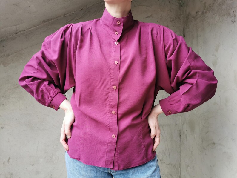 Vintage 80s Purple Blouse with Puffy Sleeves, Burgundy Purple Collar Shirt, High Neck Collar Blouse, Women's Blouse, Made in West Germany image 4