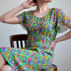 Vintage 70s Pure Silk Dress, Bell Sleeve Dress, Bright Colors Floral Dress, Italian Vintage Silk Dress, Short Flare Sleeve Silk Summer Dress