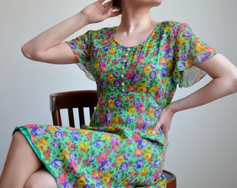 Vintage 70s Floral Silk Dress, Italian Bell Sleeve Summer Dress