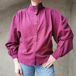 Vintage 80s Purple Blouse with Puffy Sleeves, Burgundy Purple Collar Shirt, High Neck Collar Blouse, Women's Blouse, Made in West Germany image 2