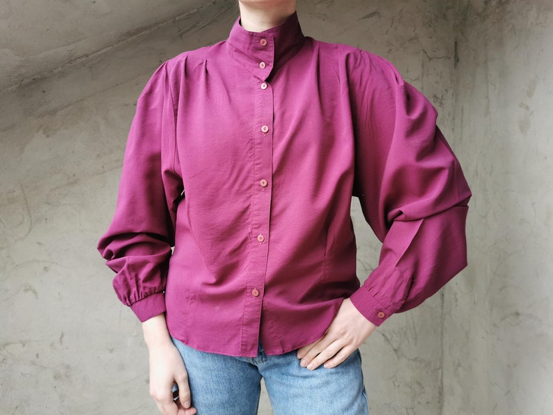 Vintage 80s Purple Blouse with Puffy Sleeves, Burgundy Purple Collar Shirt, High Neck Collar Blouse, Women's Blouse, Made in West Germany image 2