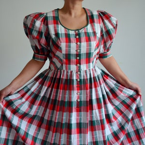 Vintage 80s Austrian Folk Dress, Check Red Green White Dress with Puff Sleeves, Striped Dirndl Dress, Tracht/Cottage core/Peasant, size XL