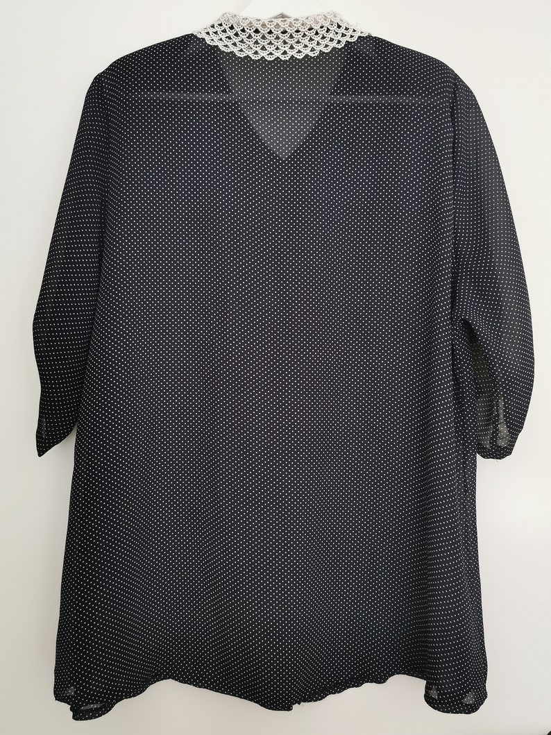 Vintage 80/'s Polka Dot Pattern Blouse Pin Up Blouse Women/'s Short Sleeve Top Navy Blue /& White Top Lace Collar Polyester Blouse size L