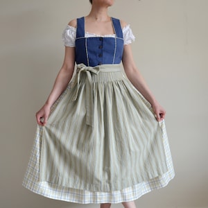 Vintage Austrian Folk Dress with Apron, 90s Check Pattern Dirndl Corset Dress, Blue White Mustard Colors, Cottage core/Oktoberfest, size 38