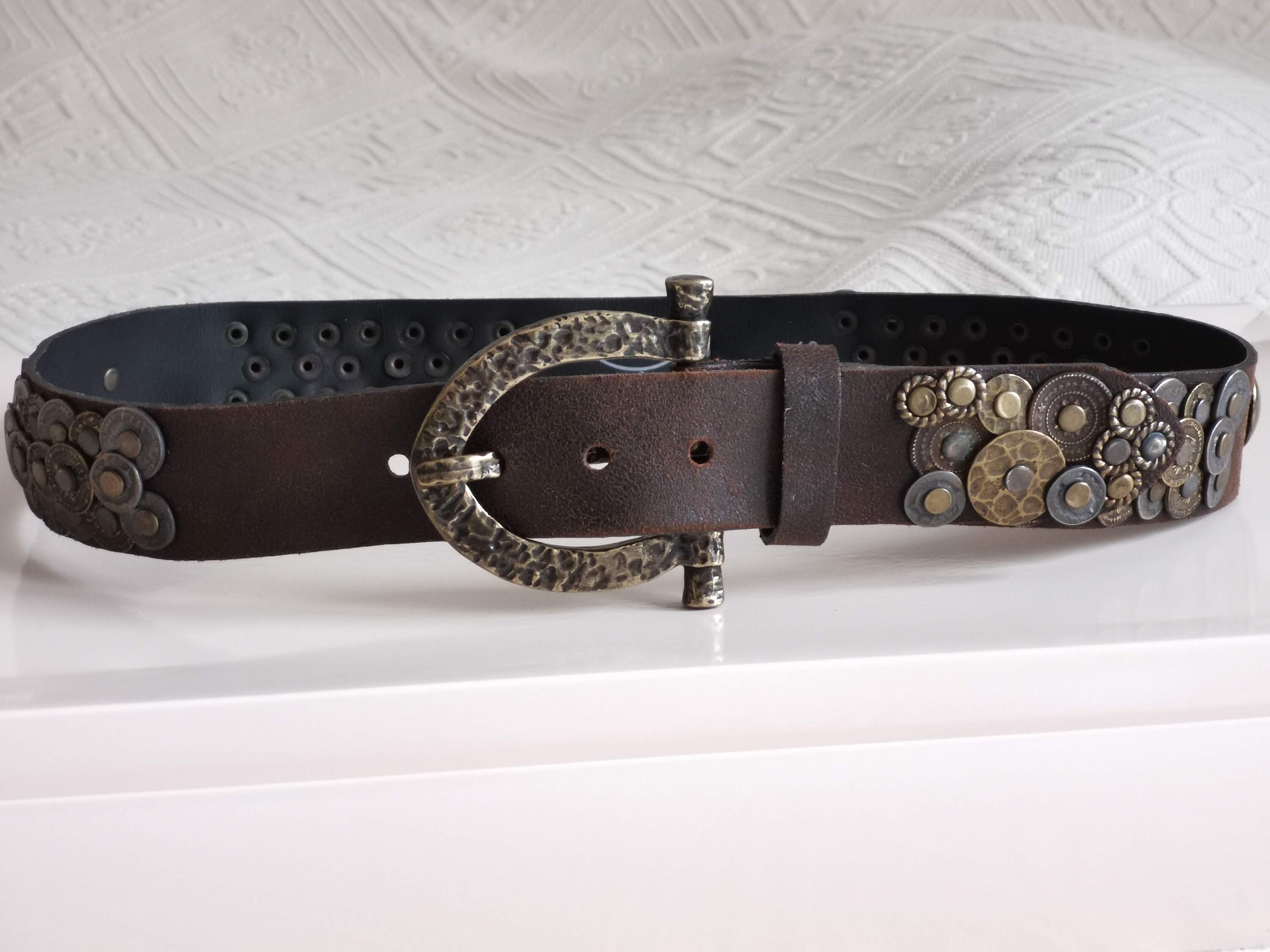 Vintage Italian Leather Belt Italy Brown Tan Chocolate Y2K Size Medium RESERVED Makenna FURLA Heart Bling Belt, VINTAGE, Tan Brown  main image 4
