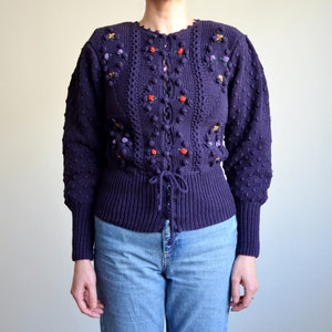 Vintage 90s Austrian Folk Cardigan, Puff Sleeve Popcorn Knit Cardigan, Bobble Knit Cardigan, Embroidered Floral Cardigan, Cottag core/Dirndl image 7