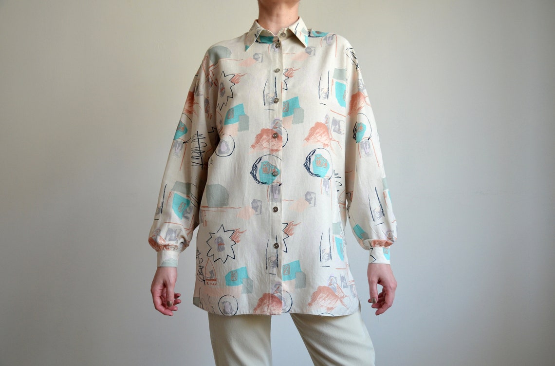 Vintage Abstract Silk Blend Blouse, 90s Long Sleeve Shirt, Size L, foto 4 di 5