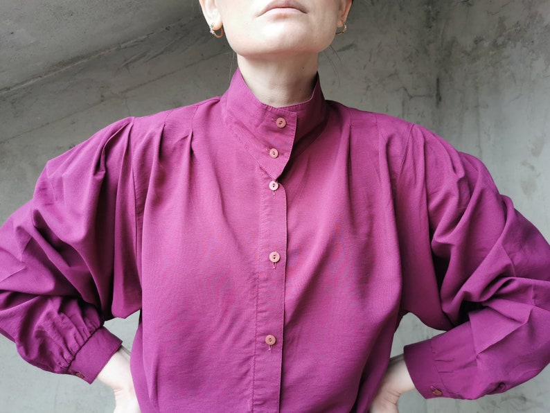 Vintage 80s Purple Blouse with Puffy Sleeves, Burgundy Purple Collar Shirt, High Neck Collar Blouse, Women's Blouse, Made in West Germany image 3
