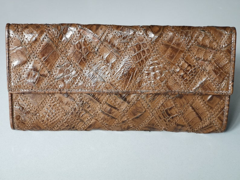 Vintage 60s Genuine Leather Clutch, Brown Leather Clutch, Crocodile Print Bag, Patchwork Leather Evening Bag, Evening Purse, Made in Germany image 2