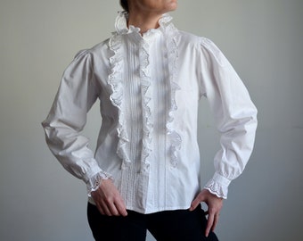 Vintage 90s Puff Sleeve Folk Blouse, White Lace Austrian Style Blouse, High Neck Ruffle Collar Edwardian Blouse, Peasant/Cottage core Blouse