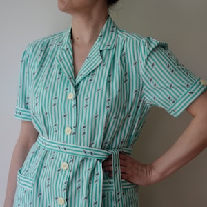 Vintage 80's Striped Dress, Marine Theme Summer Dress, Turquoise Green & White Dress, Belted Dress, Below the Knee Dress, Short Sleeve Dress image 1