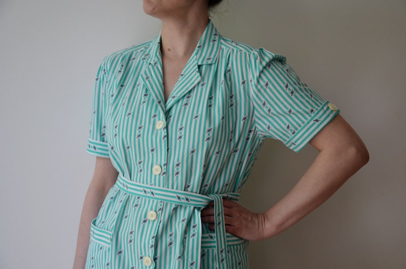 Vintage 80's Striped Dress, Marine Theme Summer Dress, Turquoise Green & White Dress, Belted Dress, Below the Knee Dress, Short Sleeve Dress image 1