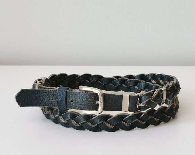 Vintage 80's Thin Leather Belt, Navy Blue Belt, Distressed Woven ...