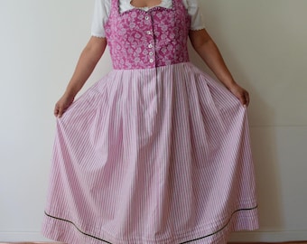 Vintage Pink Austrian Folk Dress, Floral & Striped Pattern Dirndl Dress, Traditional Bavarian Oktoberfest Maxi Dress, size XL