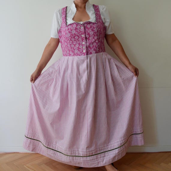 Vintage Pink Austrian Folk Dress, Floral & Striped Pattern Dirndl Dress, Traditional Bavarian Oktoberfest Maxi Dress, Size XL