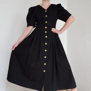 Vintage Austrian Folk Dress with Puffy Sleeves, NOS Black Linen Dirndl Dress, Button Down Cottage core Dress, Trachten/Oktoberfest, size 38