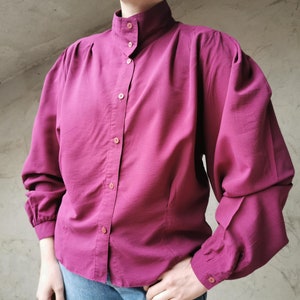 Vintage 80s Purple Blouse with Puffy Sleeves, Burgundy Purple Collar Shirt, High Neck Collar Blouse, Women's Blouse, Made in West Germany image 1