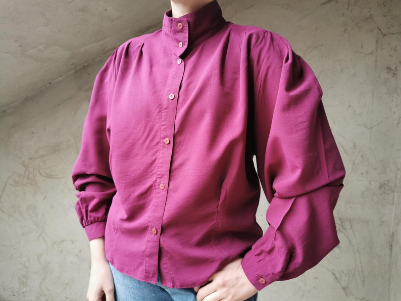 Vintage 80s Purple Blouse with Puffy Sleeves, Burgundy Purple Collar Shirt, High Neck Collar Blouse, Women's Blouse, Made in West Germany image 1