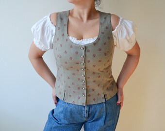 Haut corset Dirndl vintage, gilet folklorique autrichien traditionnel, imprimé floral vert kaki et rouge, Trachten Mieder, bustier bohème de l'Oktoberfest, L