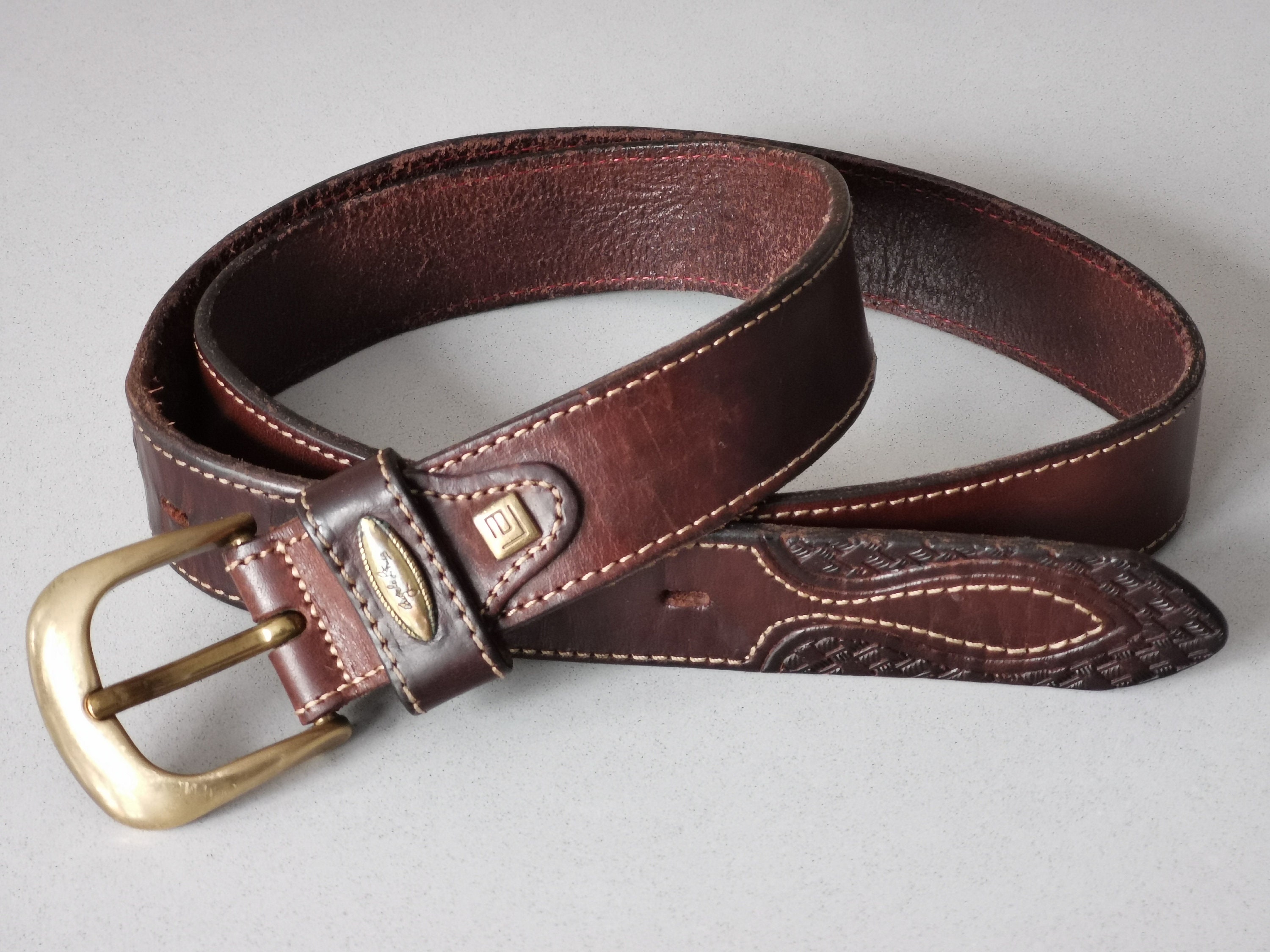 Vintage 90s Brown Leather Belt, Angelo Litrico, Brown Stamped 