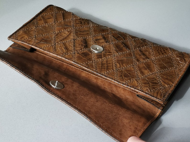 Vintage 60s Genuine Leather Clutch, Brown Leather Clutch, Crocodile Print Bag, Patchwork Leather Evening Bag, Evening Purse, Made in Germany image 7