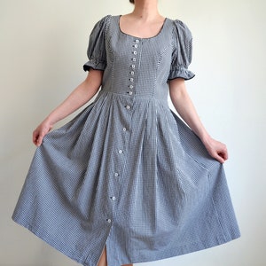 Vintage 90s Austrian Dirndl Dress, Puffy Sleeve Folk Dress,Black & White Gingham Peasant Dress, Prarie/Cottage core/Oktoberfest, size 40 DE