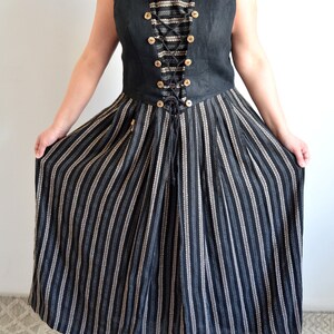 Vintage 90s Linen Austrian Dress, Folk Pinafore Dress, Black & Beige Striped, Bohemian/Festival/Trachten/Peasant/Oktoberfest Dress, size 46 image 5