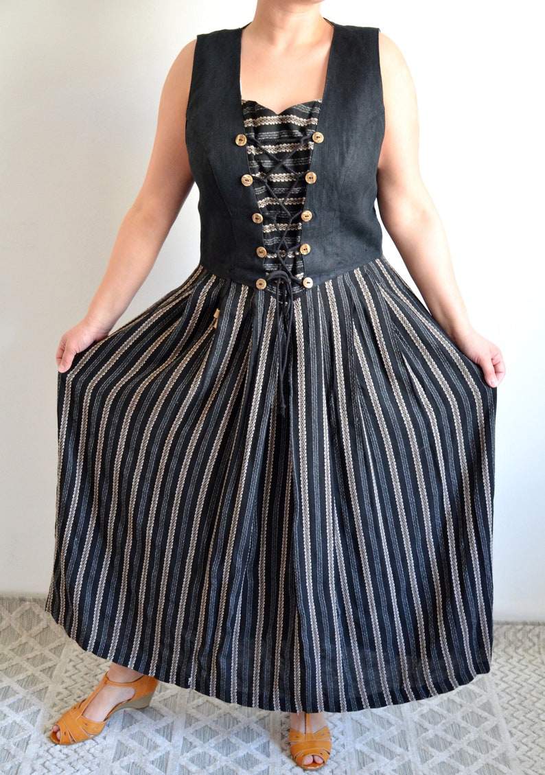 Vintage 90s Linen Austrian Dress, Folk Pinafore Dress, Black & Beige Striped, Bohemian/Festival/Trachten/Peasant/Oktoberfest Dress, size 46 image 5