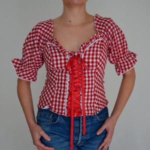 Vintage Gingham Dirndl Blouse, Red White Checkered Oktoberfest Top, Size 40