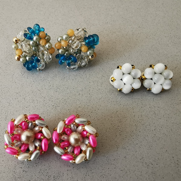 A Set of 3 Pairs Vintage Beaded Clip On Earrings, Faux Pearl / Glass Beaded / Mother of Pearl Earrings, Iridescent Earrings, Costume Jewelry