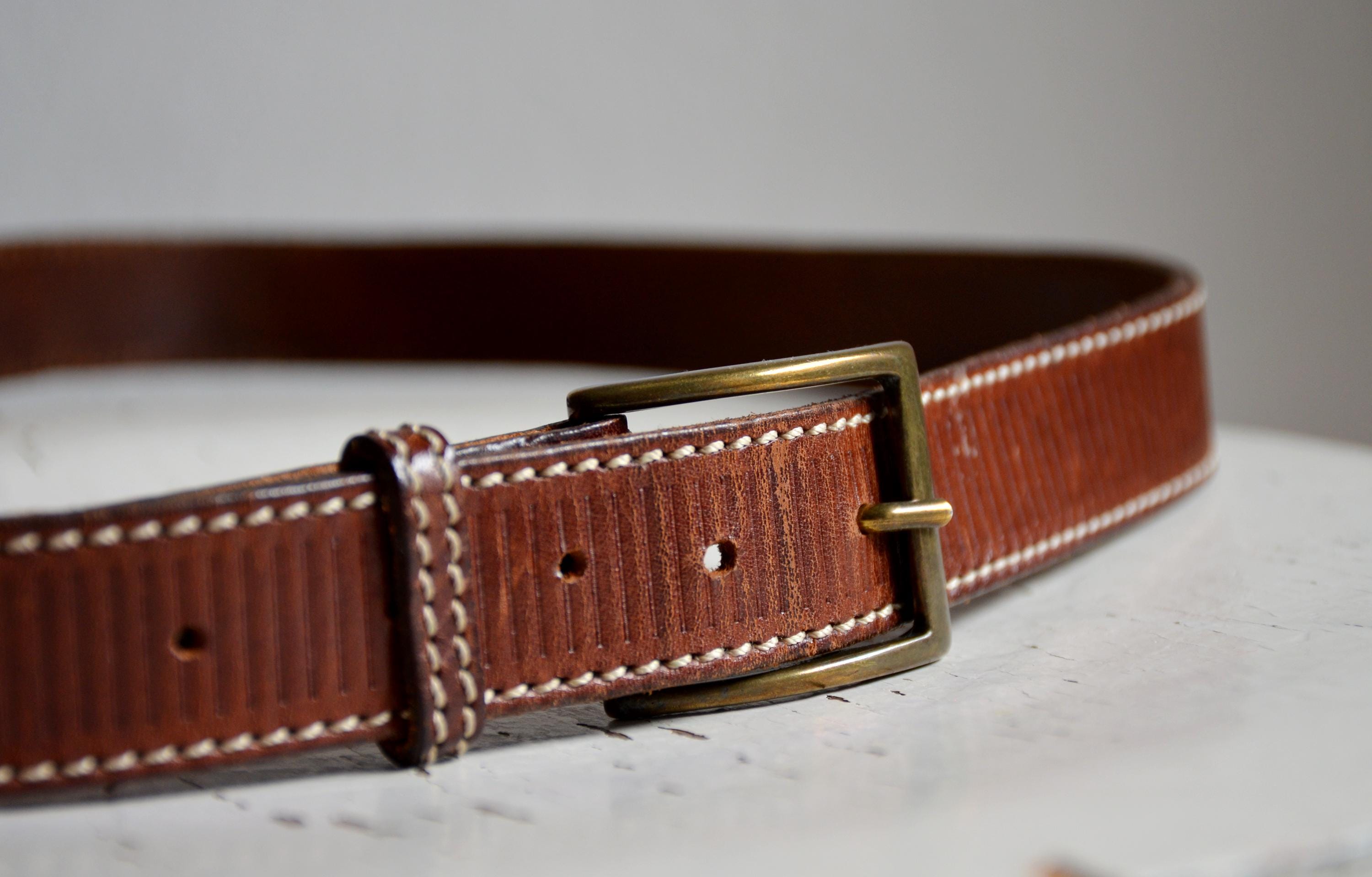 Vintage 90s Tooled Leather Belt, Striped Brown Jeans Belt - Etsy