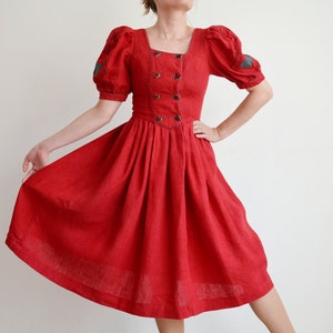 Vintage Austrian Linen Dress with Puffy Sleeves, Red Linen Folk Dress, Double Breasted Dirndl Dress, Cottage core/Oktoberfest, size 36