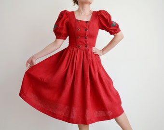 Vintage Red Linen Dirndl Dress, Puffy Sleeves, Austrian Folk Dress, Size S