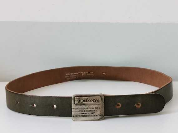 Vintage 90s Brown Leather Belt With Engraved Silver Metal