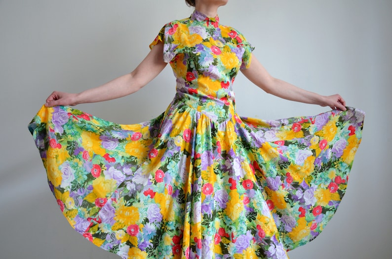 Vintage 80s Floral Full Circle Dress, Backless Colorful Print Dress, Viscose Summer Midi Dress, Basque Waist Flared Prairie Dress, size 36 image 1