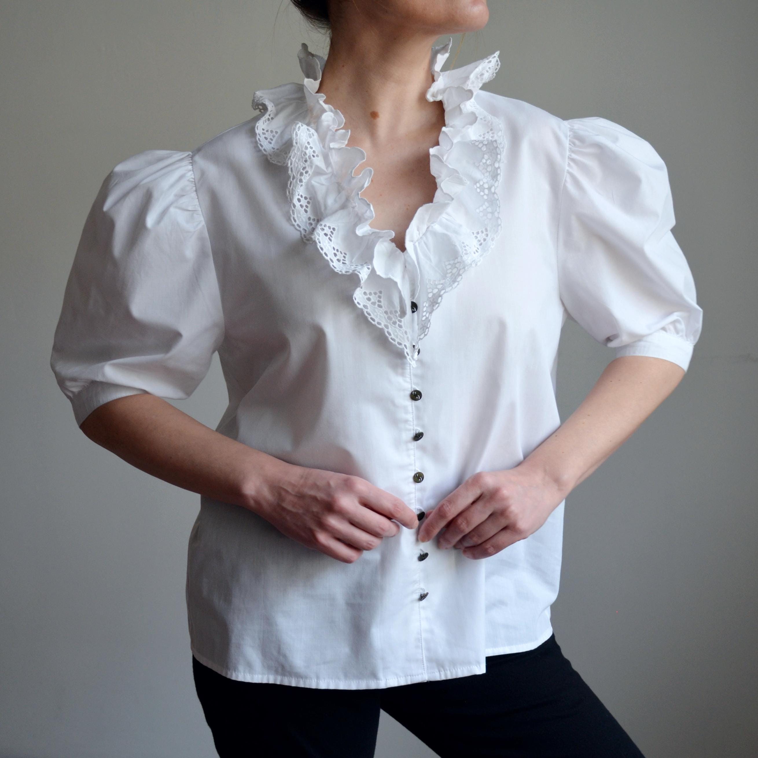 Vintage Austrian Folk Blouse, Puffy Sleeve, Ruffle Lace Collar