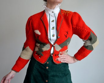 Vintage 80s Austrian Folk Scenic Cardigan, Puffy Sleeve Cardigan, Hand Knit Wool Novelty Theme Cardigan, Dirndl/Trachten/Cottagecore, size S