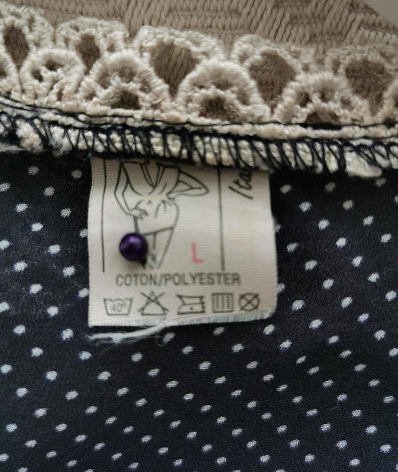 Vintage 80/'s Polka Dot Pattern Blouse Pin Up Blouse Women/'s Short Sleeve Top Navy Blue /& White Top Lace Collar Polyester Blouse size L