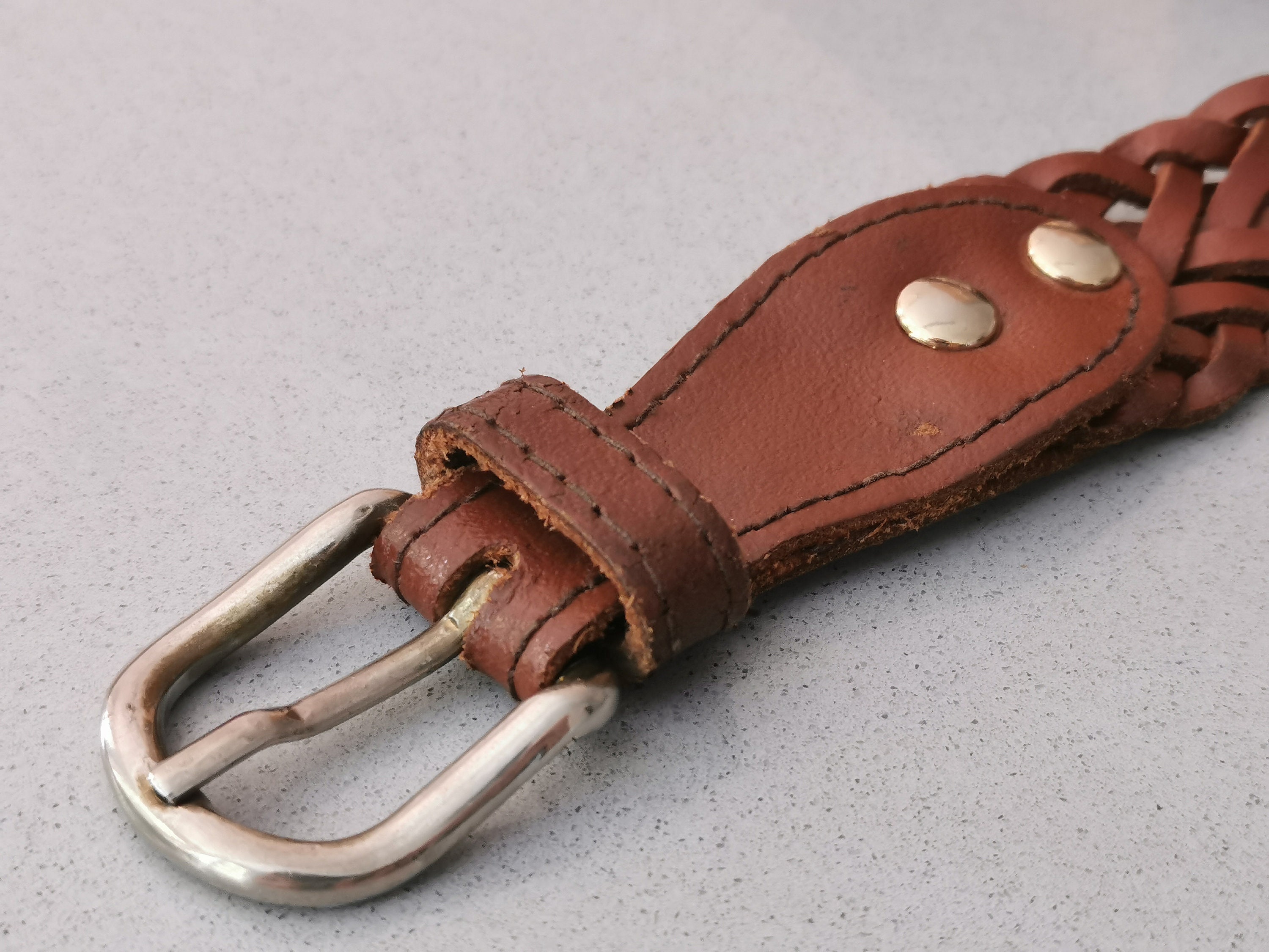 Vintage 90s Brown Woven Leather Belt, Genuine Leather Belt 