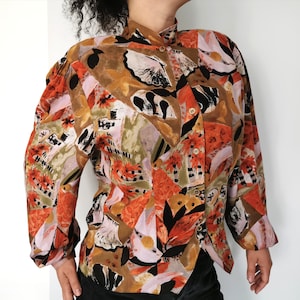 Vintage 80&#39;s Boho Blouse with Puff Sleeves, Novelty Print Top, Earthy Colors and Pastel Pink Blouse, Sea Bottom Theme Top, Hipster Print Top